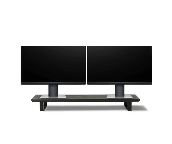 Black Wooden  Desktop riser with two wide screen monitors place on top