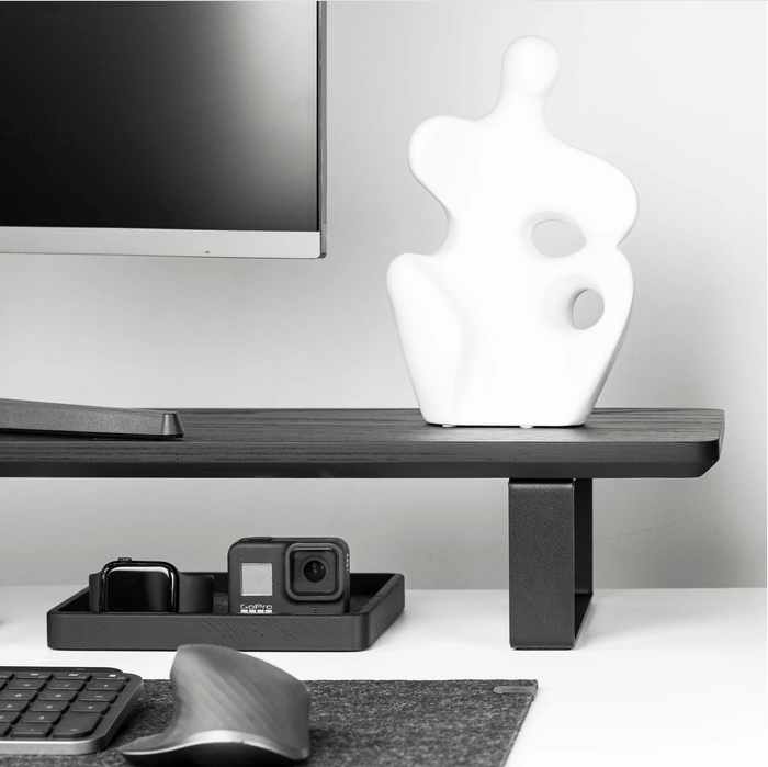 Black wooden Monitoe Stand side angle shot with storage underneath
